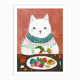 White Cat Salad Lover Folk Illustration 1 Art Print