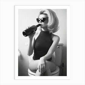 Woman On Toilet Drinking Wine Art Print