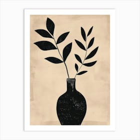 Black Vase With Leaves Art Print