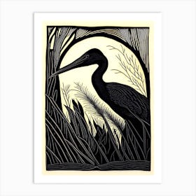 Black Heron Vintage Linocut 3 Art Print