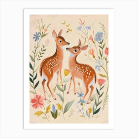 Folksy Floral Animal Drawing Deer Art Print