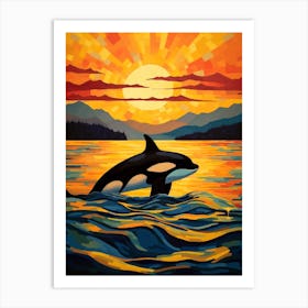 Geometric Orca Whale With Sunset And Mountain Art Print