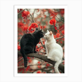 Black Cat And A White Cat Sitting In Love On A Tree Branch With Red Flowers Art Print