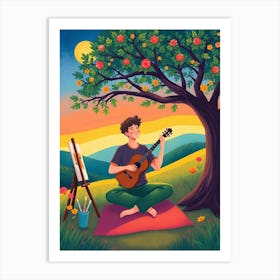 Man Playing Guitar Under An Apple Tree art print Serene Landscape Art Art Print