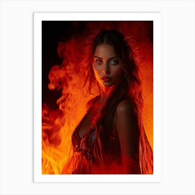 Woman With Intense Scarlet Gaze Enveloped In Flames Gaze As The Focal Point Radiating Heat Vibrant Art Print