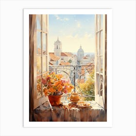 Window View Of Lisbon Portugal In Autumn Fall, Watercolour 1 Art Print