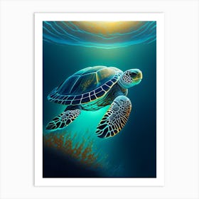 Sea Turtle In Deep Ocean, Sea Turtle Neutral Abstract 2 Art Print