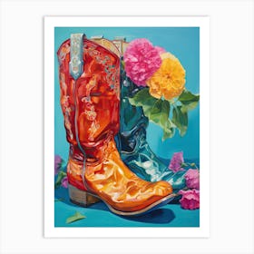 Oil Painting Of Colourful Flowers And Cowboy Boots, Oil Style 2 Art Print