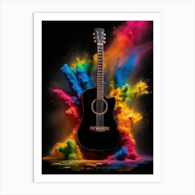 Colourful Powder Blast behind a Black Acoustic Guitar Art Print