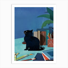 Cat On A Desk Art Print