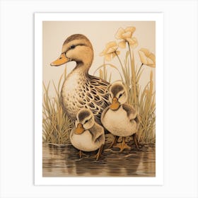 Sweet Ducklings Japanese Woodblock Style 2 Art Print