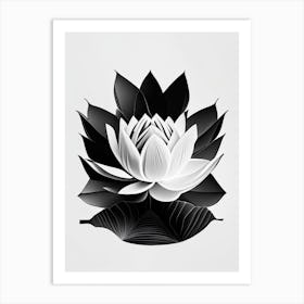 Blooming Lotus Flower In Pond Black And White Geometric 1 Art Print