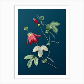 Vintage Red Passion Flower Botanical Art on Teal Blue n.0505 Art Print