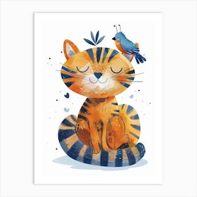 Small Joyful Tiger With A Bird On Its Head 7 Art Print