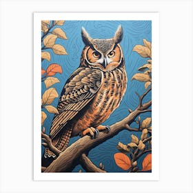Vintage Bird Linocut Great Horned Owl 3 Art Print