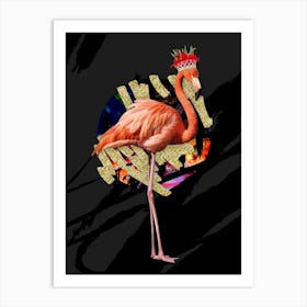 Royal Flamingo Wearing Floral Crown In Black And Gold Art Print