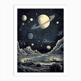 Solar System And Moon Etching Style Art Print