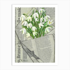 Snowdrops On Newspaper in a Bag White Flowers Minimal Floral Bouquet Art Print