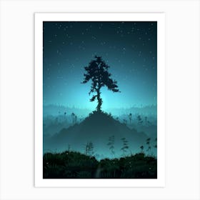 Lone Tree At Night Art Print