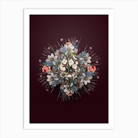 Vintage Pear Tree Flower Wreath on Wine Red Art Print