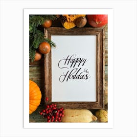 Cursive Calligraphy Depicting Happy Holidays Nestled Among A Vintage Wood Framed Composition Feat (5) Art Print