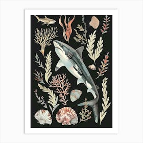 Thresher Shark Seascape Black Background Illustration 2 Art Print