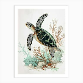 Sea Turtle & Marine Plants Minimalist Painting Art Print