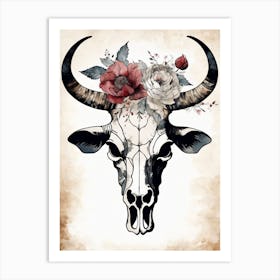 Vintage Boho Bull Skull Flowers Painting (52) Art Print