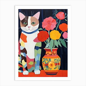 Ranunculus Flower Vase And A Cat, A Painting In The Style Of Matisse 0 Art Print