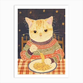 Tan Cat Pasta Lover Folk Illustration 2 Art Print