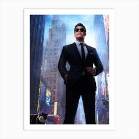 Businessman Wearing Sleek Sunglasses Sporting A Sharp Tailored Suit Standing Confidently In A Bus (2) Art Print