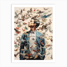 Man Surrounded By Birds Art Print