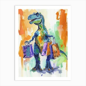 Dinosaur Shopping Orange Blue Brushstrokes  4 Art Print