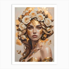 Woman with Floral Headdress and Gold Accents Art Print