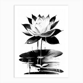 Lotus Flower And Water Symbol Black And White Painting Art Print