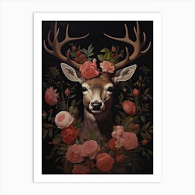 Deer Portrait With Rustic Flowers 2 Art Print