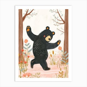 American Black Bear Dancing In The Woods Storybook Illustration 4 Art Print