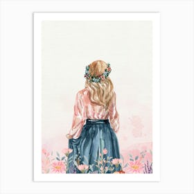 Watercolor Girl In A Flower Field Art Print