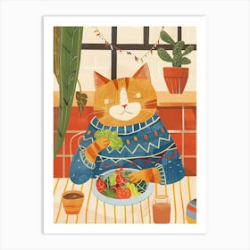 Tan Cat Eating A Salad Folk Illustration 1 Art Print