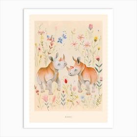 Folksy Floral Animal Drawing Rhino 4 Poster Art Print
