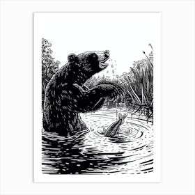 Malayan Sun Bear Catching Fish Ink Illustration 4 Art Print