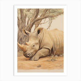 Rhino Lying Under The Tree Detailed Illustration 1 Art Print