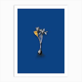 Vintage Autumn Crocus Black and White Gold Leaf Floral Art on Midnight Blue n.0586 Art Print