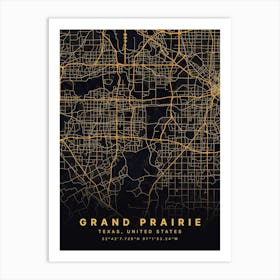 Grand Prairie Texas USA Black And Gold Map Art Print