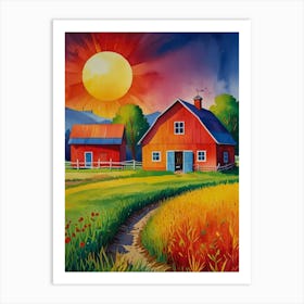 Red Barn At Sunset Art Print