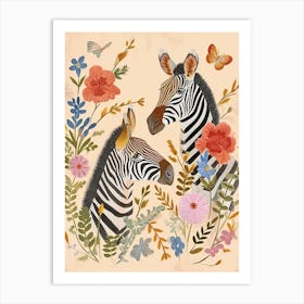 Folksy Floral Animal Drawing Zebra 3 Art Print