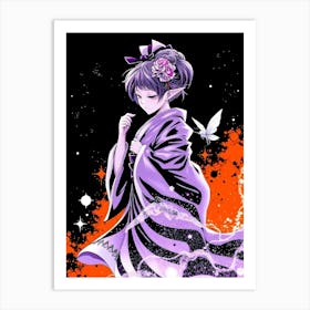 Anime Geisha In Purple Kimono Art Print