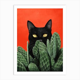 Black Cat In Cactuses 1 Art Print