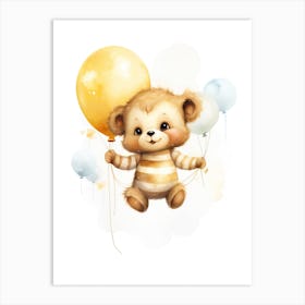 Baby Bee Flying With Ballons, Watercolour Nursery Art 2 Art Print