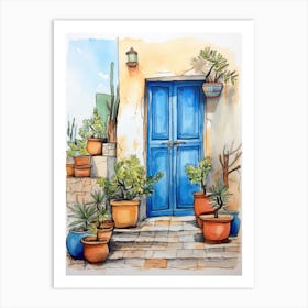 Blue Door With Potted Plants Art Print